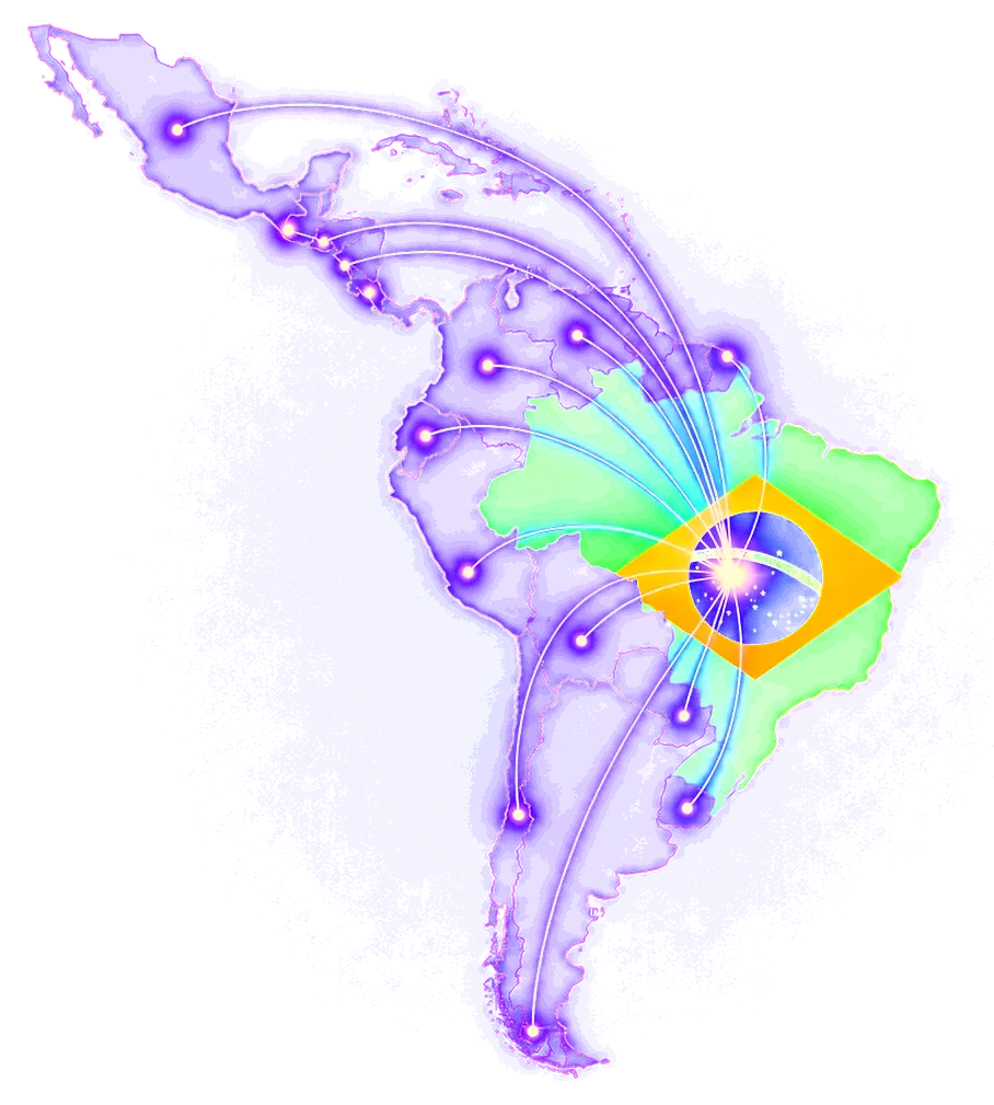 Mapa de Latinoamérica con rutas de luz que confluyen en Brasil